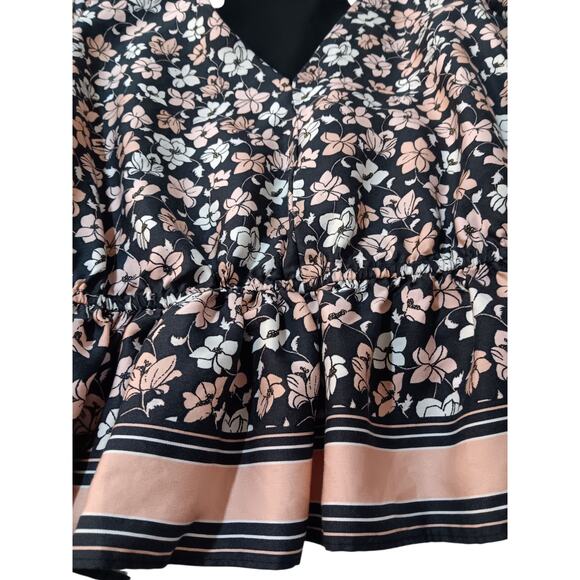 CLUB MONACO Floral‎ Blouse Top L Peplum Puff Short Sleeves Pink Black Cottage - Picture 6 of 11